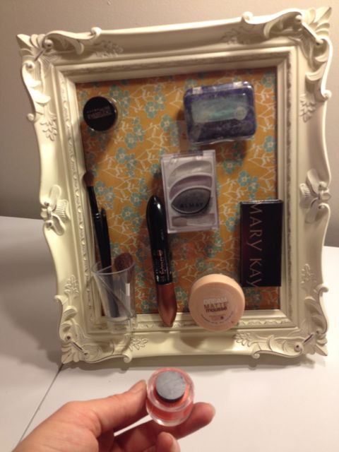 Last glue magnets on the back of your makeup to place on the frame. I did have to do 2 magnets on some of the heavier things such as the foundation.