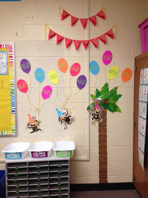 This birthday wall is so much more fun!  Notice I used some of the monkeys that I already had and used my Cricut to cut out the party hats and balloons for each month.  I wrote all the class birthdays on their birthday month balloon.  Does that palm tree look familiar?  That used to be my job chart tree.  I love repurposing!!