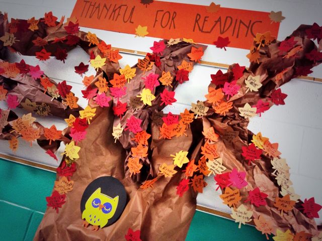 I am grateful for all the books that students wrote on leaves to show what books they hold dear to their hearts! We had a lot of Dr. Seuss, Junie B Jones, and many others!  The tree looks great!