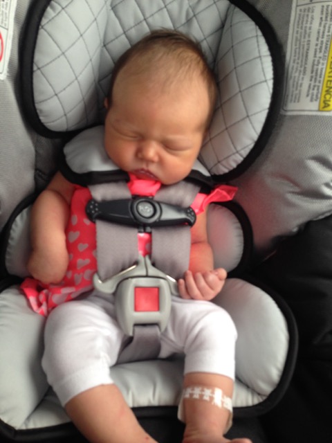 Baby girl on her first car ride. Daddy drove super careful and mommy rode in the backseat with baby. It was the longest drive ever.